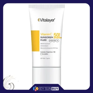مراقبت پوست فلوئید ضد آفتاب بدون رنگ ویتالیر SPF50 مدل Vitamin C محافظ UVA ،UVB، ضد چروک، روشن‌کننده، مناسب انواع پوست حجم 50 میلی‌لیتر