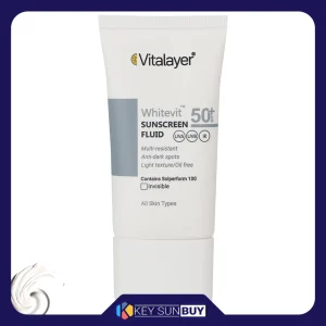 مراقبت پوست فلوئید ضد آفتاب بدون رنگ ویتالیر SPF50 مدل Whitevit محافظ UVA ،UVB، ضد آب، ضد لک، مناسب انواع پوست حجم 50 میلی‌لیتر