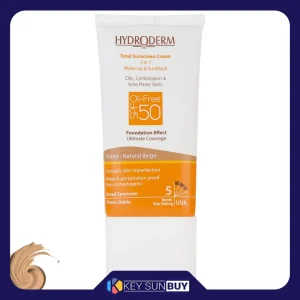 مراقبت پوست کرم ضد آفتاب بدون رنگ هیدرودرم SPF50 مدل Natural Beige محافظ UVA ،UVB، ضد جوش و آکنه، مناسب پوست‌های چرب و آکنه‌ای حجم 40 میلی‌لیتر