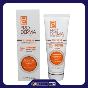 مراقبت پوست کرم ضد آفتاب بدون رنگ پرودرما SPF50 مدل SUNVEST محافظ UVA ،UVB و +++PA، مناسب انواع پوست حجم 40 میلی‌لیتر