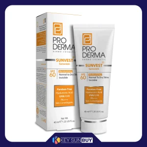 مراقبت پوست کرم ضد آفتاب بدون رنگ پرودرما SPF60 مدل Sunvest محافظ UVA ،UVB و +++PA، مناسب انواع پوست حجم 40 میلی‌لیتر