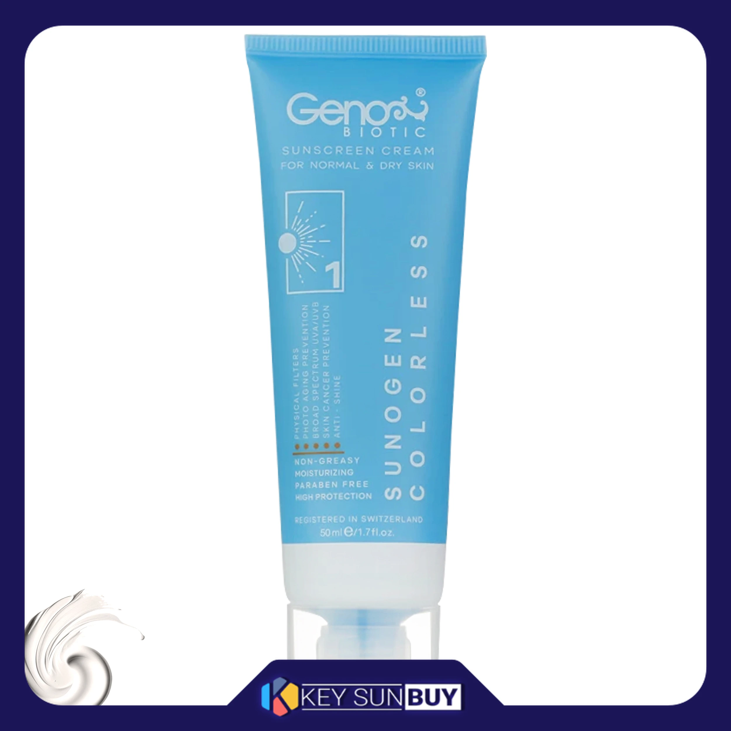 مراقبت پوست کرم ضد آفتاب بدون رنگ ژنوبایوتیک SPF50 مدل 01 محافظ UVA ،UVB، ضد آب، مرطوب‌کننده، مناسب پوست‌‌های خشک و معمولی حجم 50 میلی‌لیتر