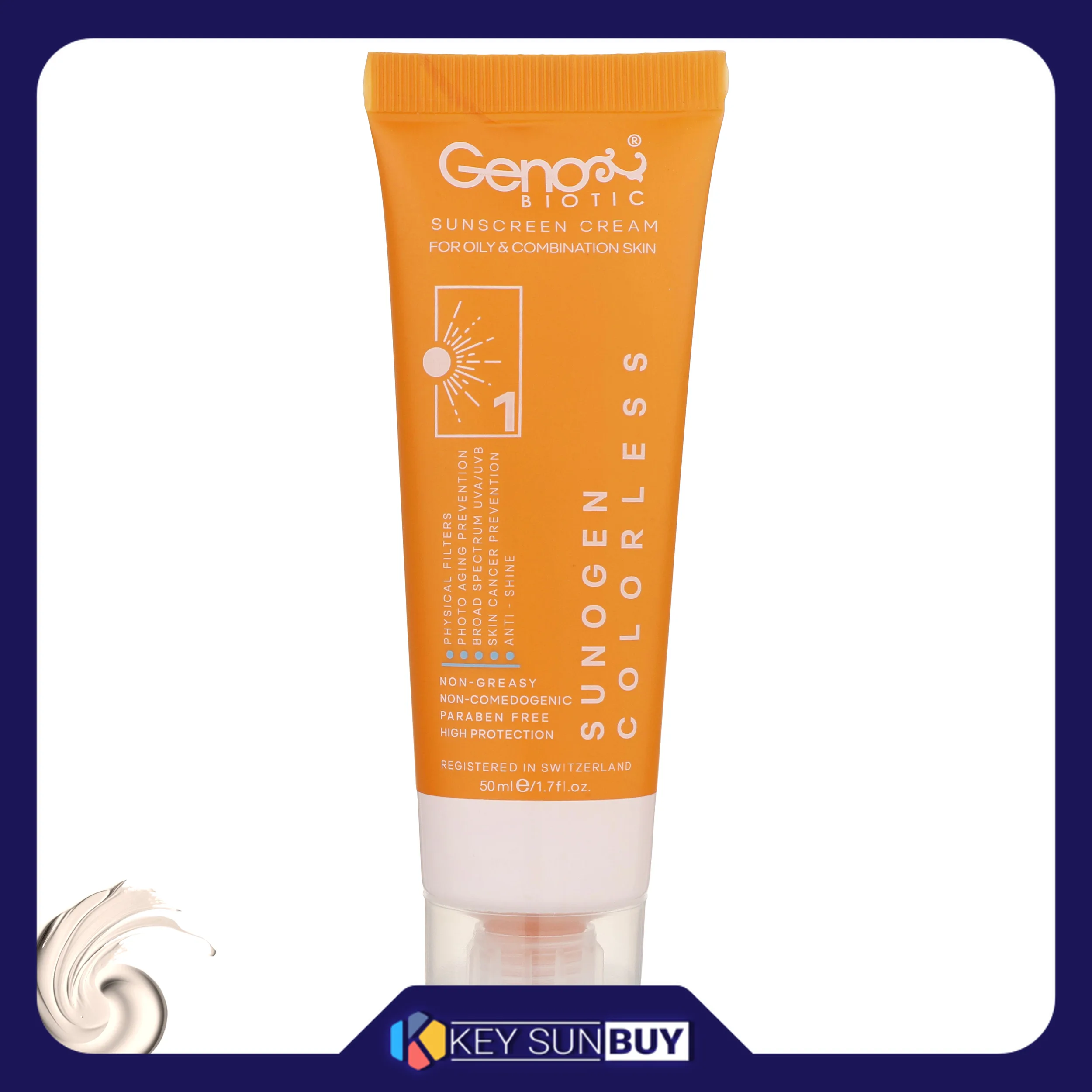 مراقبت پوست کرم ضد آفتاب بدون رنگ ژنوبایوتیک مدل SPF50 محافظ UVA ،UVB، ، ضد چروک، ضد لک، ضد آب، ضد حساسیت، مرطوب‌کننده، مناسب پوست‌‌های مختلط و چرب حجم 50 میلی‌لیتر
