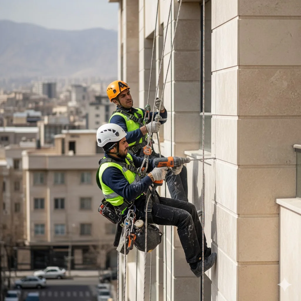 خدمات ایمن سازی سنگ نما بدون داربست در تهران