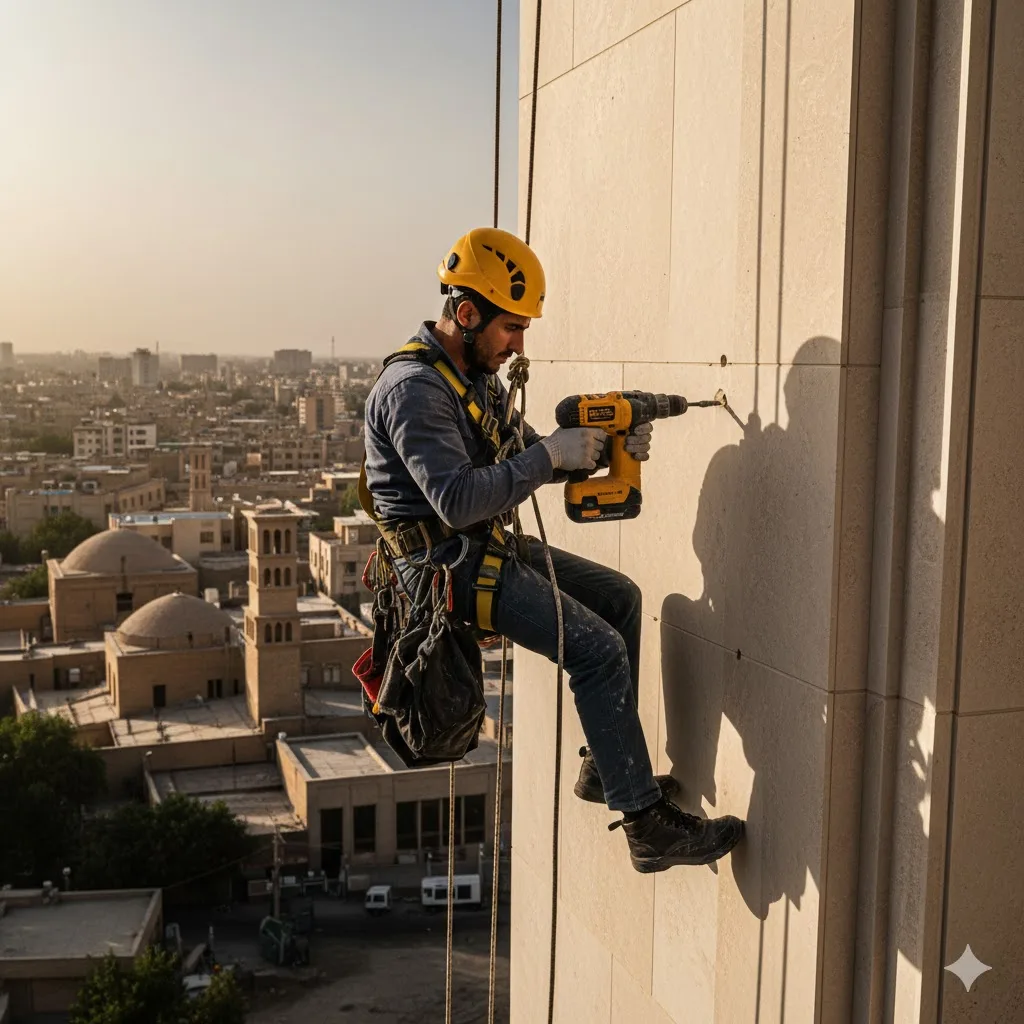 خدمات ایمن سازی سنگ نما بدون داربست در قزوین
