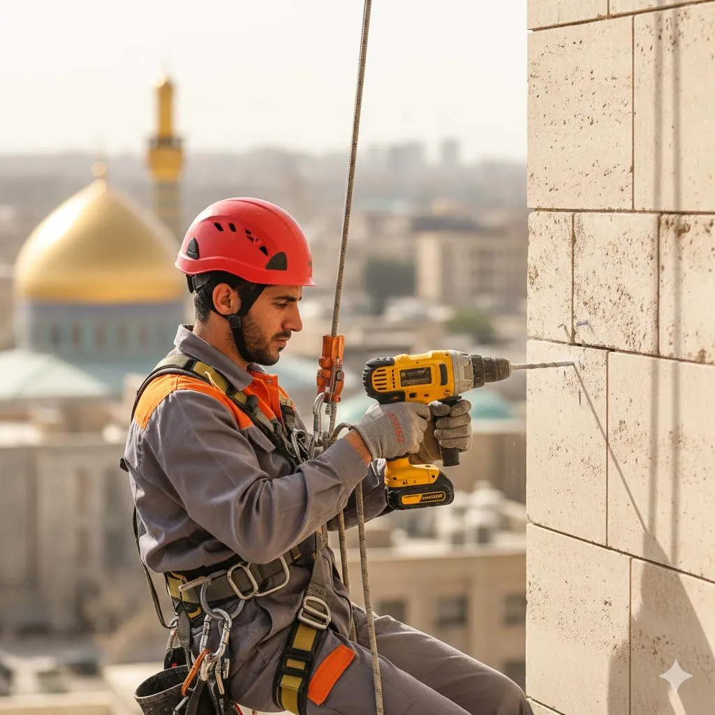 خدمات ایمن سازی سنگ نما بدون داربست در قم
