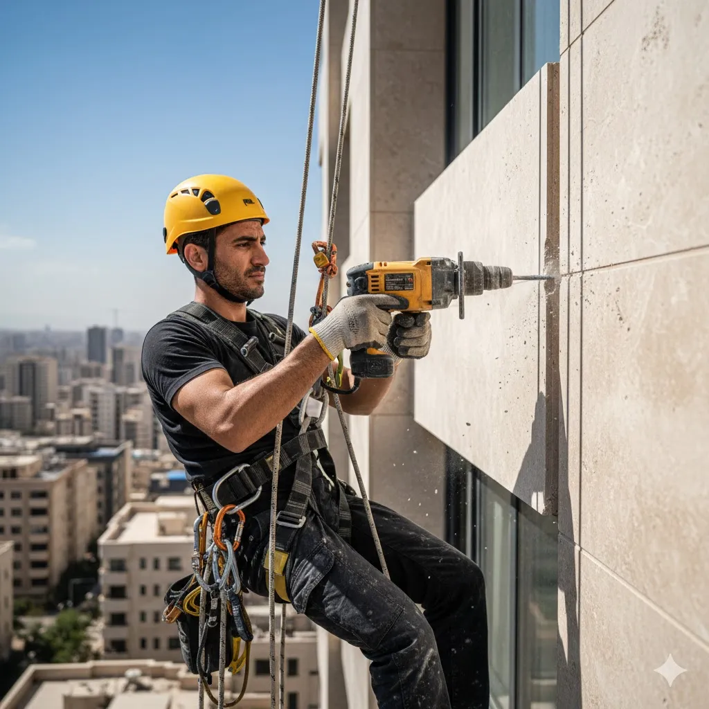 خدمات ایمن سازی سنگ نما بدون داربست در کرج