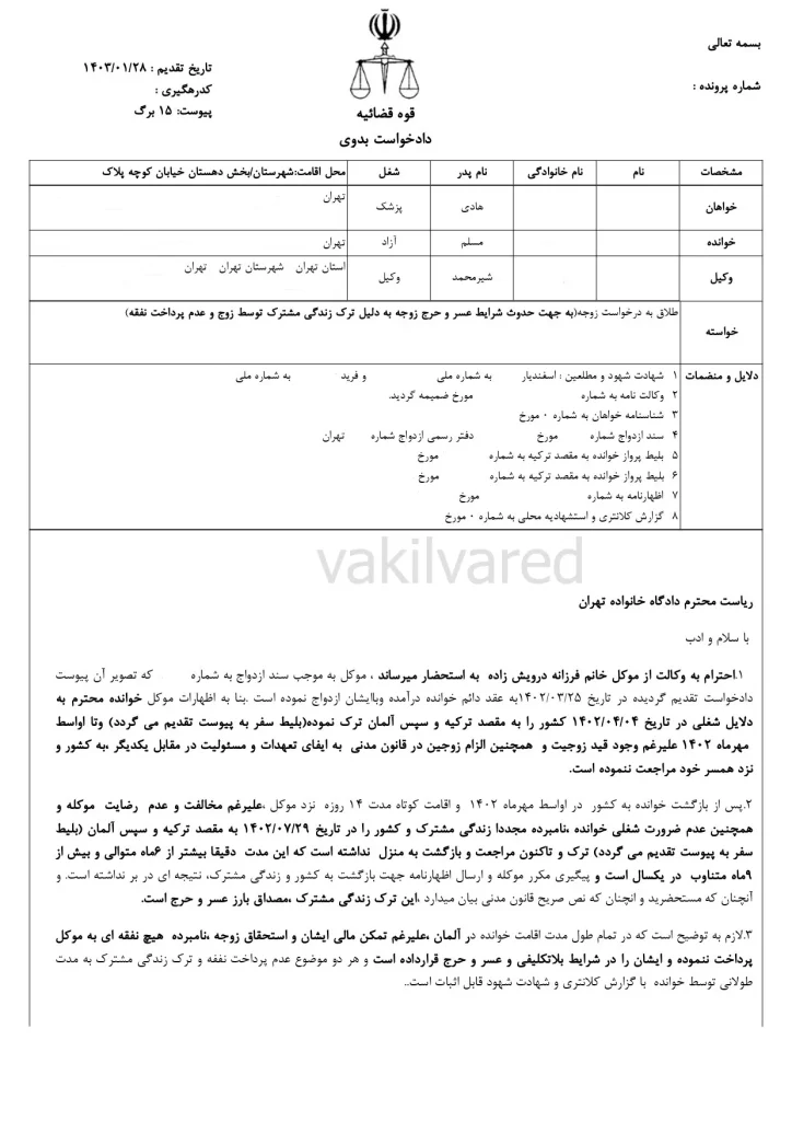 نمونه دادخواست طلاق به درخواست زوجه به دلیل عدم پرداخت نفقه