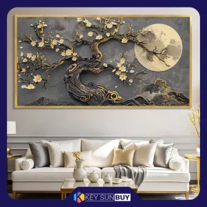 بهترین قیمت تابلو طرح دکوراتیو طبیعت مدل تک درخت و ماه کد 912 فریم طلایی ارسال سراسر ایران