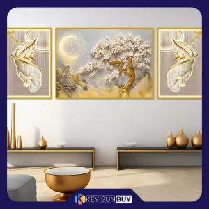 بهترین قیمت تابلو مدل دکوراتیو گل طرح درخت و ماه مجموعه سه عددی ارسال سراسر ایران