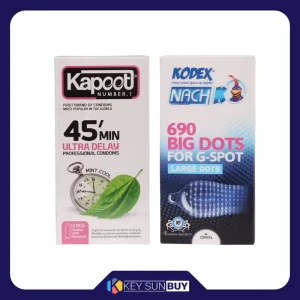 بهترین قیمت کاندوم کاپوت مدل 45min بسته 12 عددی به همراه کاندوم ناچ کدکس مدل 690 Big Dots بسته 10 عددی ارسال سراسر ایران