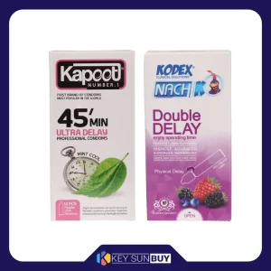 بهترین قیمت کاندوم کاپوت مدل 45min بسته 12 عددی به همراه کاندوم ناچ کدکس مدل Double Delay بسته 10 عددی ارسال سراسر ایران