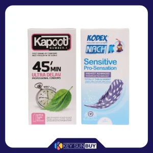 بهترین قیمت کاندوم کاپوت مدل 45min بسته 12 عددی به همراه کاندوم ناچ کدکس مدل Sensetive pro بسته 12 عددی ارسال سراسر ایران