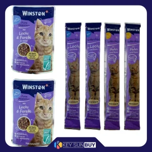 بهترین قیمت پوج گربه وینستون مدل ماهی سالمون و قرل آلا در سس به همراه بستنی گربه مرغ و ماهی مجموعه 6 عددی ارسال سراسر ایران