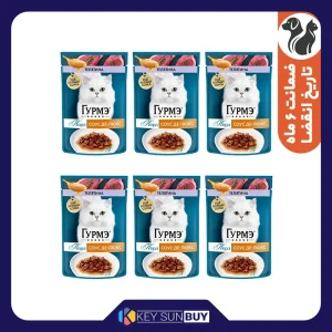 بهترین قیمت پوچ گربه بالغ گورمت مدل Perle Pack طعم گوشت گوساله بسته 6 عددی ارسال سراسر ایران
