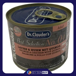 بهترین قیمت کنسرو غذای گربه دکتر کلادرز مدل No.04 Salmon & Chicken Quinoa وزن 200 گرم ارسال سراسر ایران